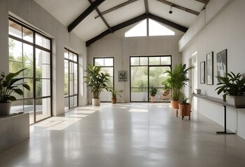 Obraz premium an empty room with plants and windows.