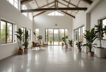 Obraz premium an empty room with plants and windows.