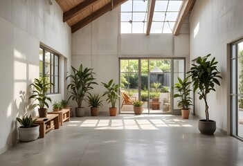 Fototapeta premium an empty room with plants and windows.