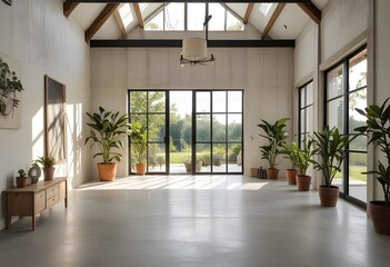 Obraz premium an empty room with plants and windows.