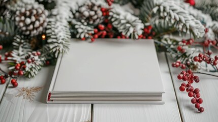 Fototapeta premium Blank book placed on white wooden table surrounded by pine branches and red berries during winter