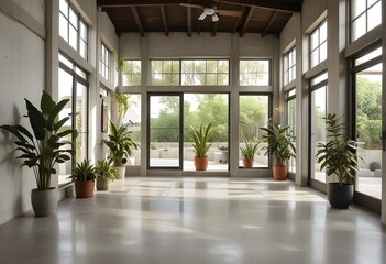 Obraz premium an empty room with plants and windows.
