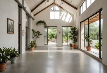 an empty room with plants and windows.