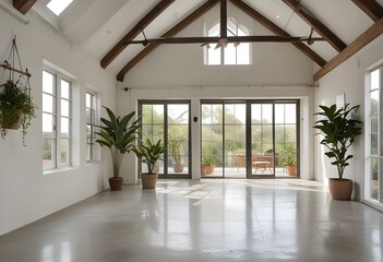 Obraz premium an empty room with plants and windows.