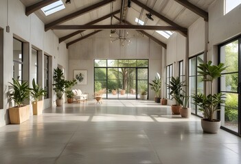 Obraz premium an empty room with plants and windows.