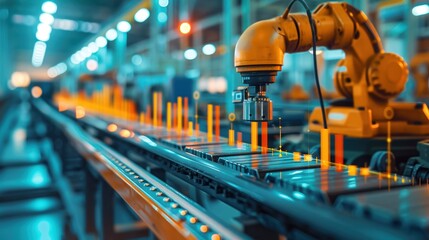 Automated robotic arm working in a modern factory assembly line, enhancing industrial manufacturing with advanced technology.