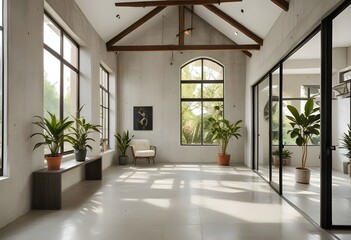 Obraz premium an empty room with plants and windows.