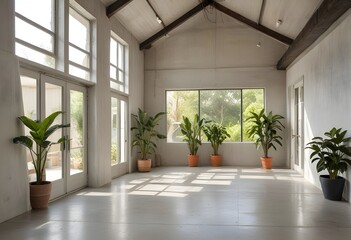 Obraz premium an empty room with plants and windows.
