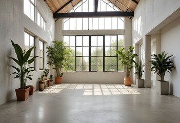 Fototapeta premium an empty room with plants and windows.