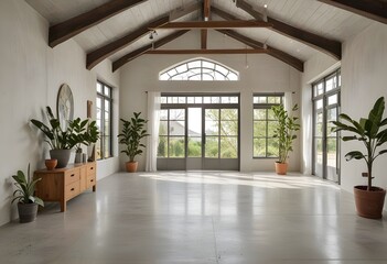 Fototapeta premium an empty room with plants and windows.