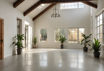 Obraz premium an empty room with plants and windows.