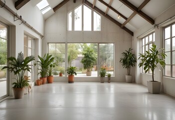 Fototapeta premium an empty room with plants and windows.