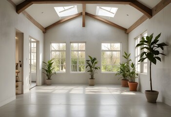 Obraz premium an empty room with plants and windows.