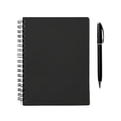 Isolated Black Notebook with Spiral Binding and Black Pen.