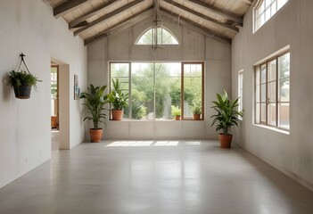 Obraz premium an empty room with plants and windows.