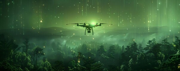 A futuristic drone replanting forests, clean lines, neon lights, high tech