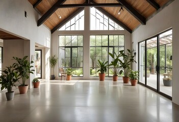 Obraz premium an empty room with plants and windows.