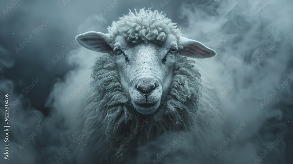Poster a sheep appears in a mysterious mist at twilight