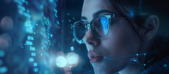 A female business professional with glasses examines data on a digital screen in a double exposure effect. The close-up shot features a futuristic office background with macro details and soft blue li