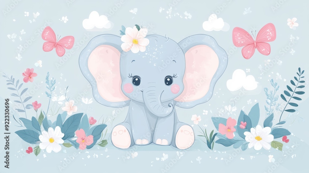 Poster A cute elephant with flowers and butterflies on a blue background, AI