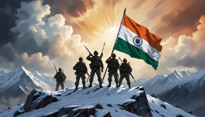 Kargil vijay diwas illustration banner or poster. 26 july. happy independence day post, banner, template, poster, soldier, mountain, sahid, shahid concept.
