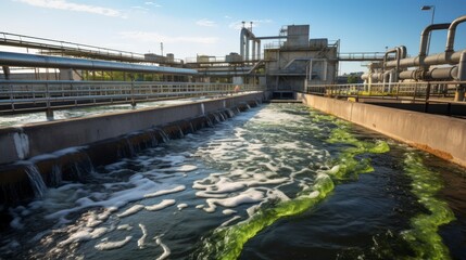 A water treatment facility with flowing water and algae, showcasing industrial processes.