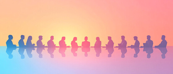 Silhouettes of Business People Meeting at Table with Sunset Reflection, Silhouettes of Business People Meeting at Table with Sunset Refl
