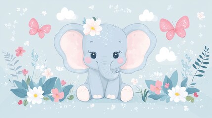 Fototapeta premium A cute elephant with flowers and butterflies on a blue background, AI