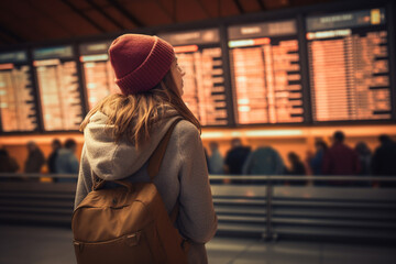 woman checking flight departure board in the airport 