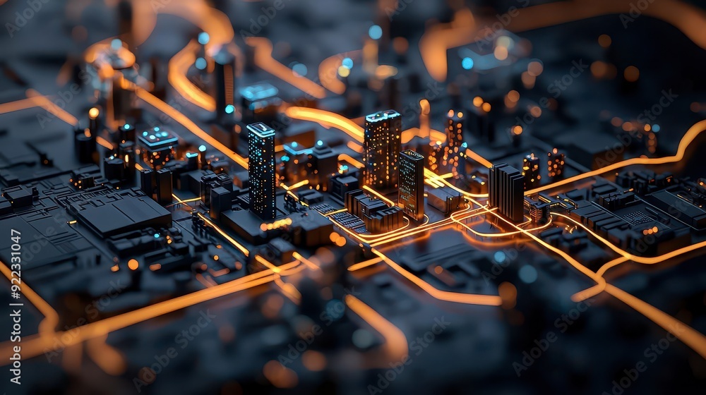 Poster a digital city map with ai-powered traffic management, showing optimized routes with glowing paths