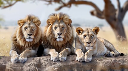 Three majestic lions, two males and one female, resting on a rock in the African savannah,...