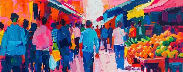 Fototapeta premium A market scene with people maintaining social distance, pop art, bold colors, dynamic