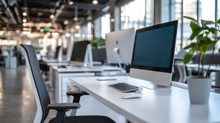 Contemporary Office Workspace with Sleek Desks, Ergonomic Chairs, and High-Tech Computers for Productivity and Style