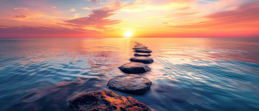 Beautiful sunset over calm ocean with stone pathway leading towards the horizon, capturing serenity and natural beauty.