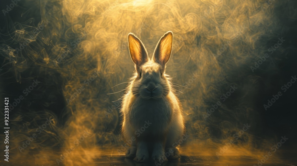 Poster a rabbit surrounded by mist in a dimly lit environment at twilight