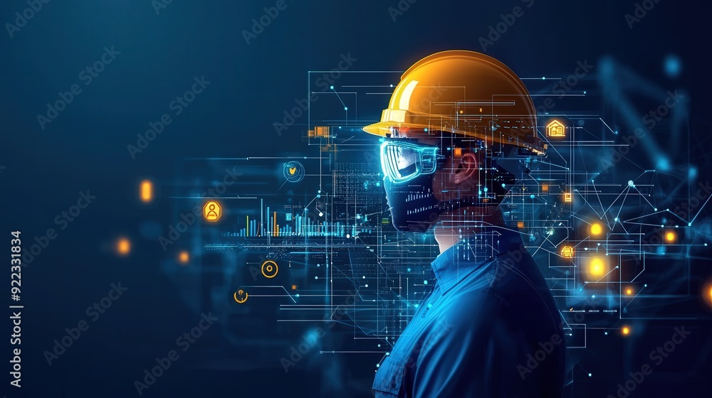 Poster a futuristic worker interface displaying safety protocols and iso compliance in real-time