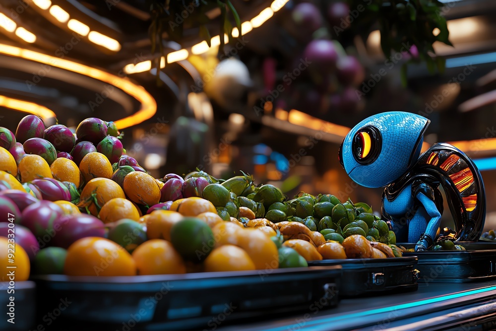 Poster futuristic robot exploring vibrant and colorful fruit market with neon lights, showcasing advanced a