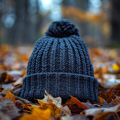 Black knitted hat on autumn leaves generated.AI
