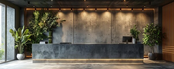 A podium with a minimalist concrete finish, industrial lighting, showcasing contemporary furniture