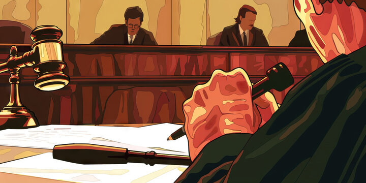 A bail hearing, judge weighing the merits of the case, deciding the fate of the defendant.