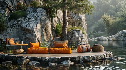 A podium with a rustic stone base, natural lighting, showcasing outdoor gear