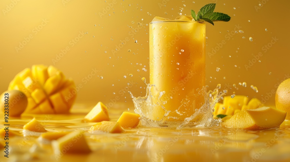 Poster fresh mango juice splashing in a glass with mango chunks and a yellow backdrop