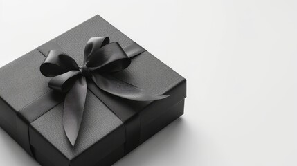 Elegant black gift box with ribbon on a clean white surface
