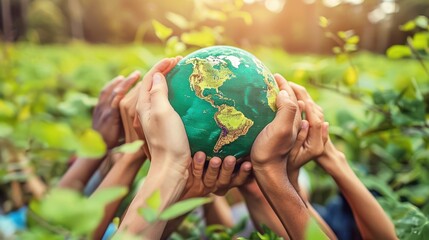 A group of diverse hands holding a globe, symbolizing global unity and environmental awareness in a natural setting.