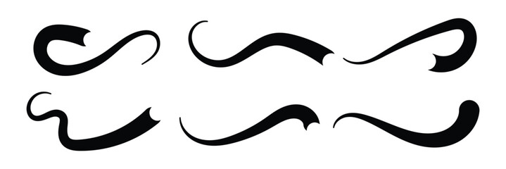Swoosh line vector, underline swish, stroke swash swirl, curly hand drawn text calligraphic brush tail, black fireworks icon set isolated on white background. Doodle decorative illustration in eps 10.