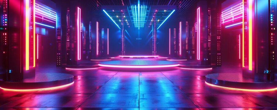 A podium with rotating platforms, neon lights, showcasing a variety of tech gadgets