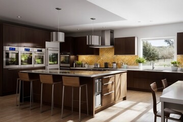 Fototapeta premium A large kitchen with a large island and a window