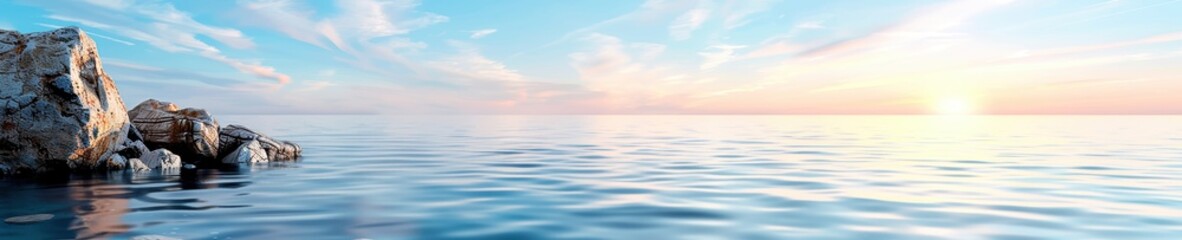 Obraz premium Beautiful panoramic view of a serene ocean during sunset with colorful sky, tranquil water, and rocky coastline, perfect for relaxing scenes.
