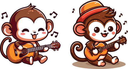 Cute Monkey Playing Guitar Cartoon Graphic