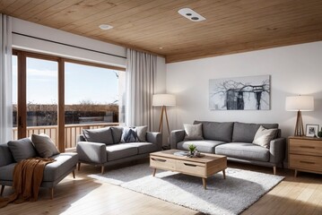 Fototapeta premium A living room with a white wall and wooden floors